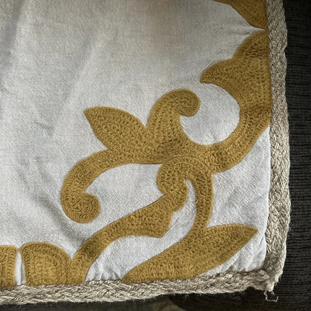 Vintage Pier One Imports Embroidered Jute Decorative Yellow scroll Pillow case